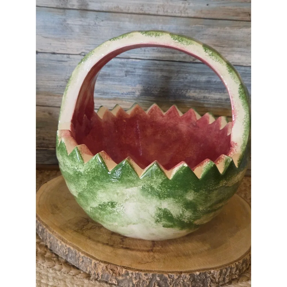Vtg Watermelon Ceramic Basket Hand Painted Fruit Bowl Sawtooth Rim Summer Decor